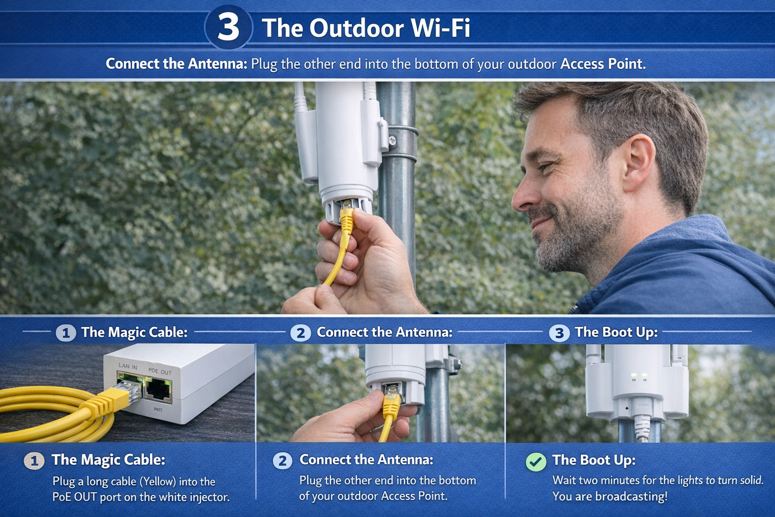 Setup sequence showing outdoor access point and final boot process