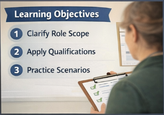 Learning objectives slide: Clarify Role Scope, Apply Qualifications, Practice Scenarios