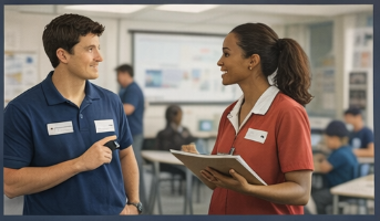 Two team members in a classroom setting