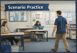 Scenario Practice slide — learner entering classroom scenario