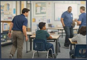 Classroom scene with support staff and students